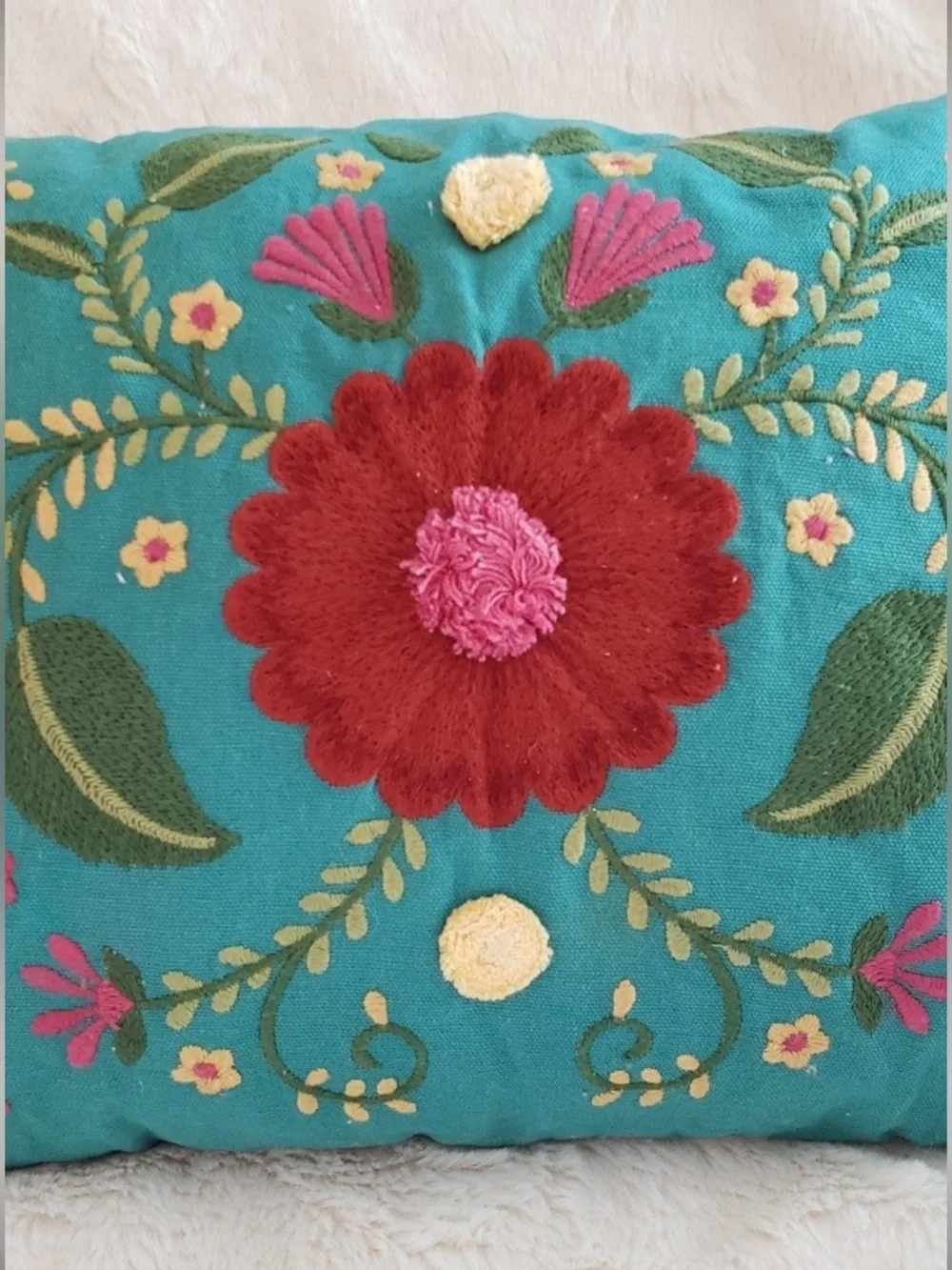 Pier 1 Embroidered Accent Pillow with Pom Pom Florals and Tassels NWT